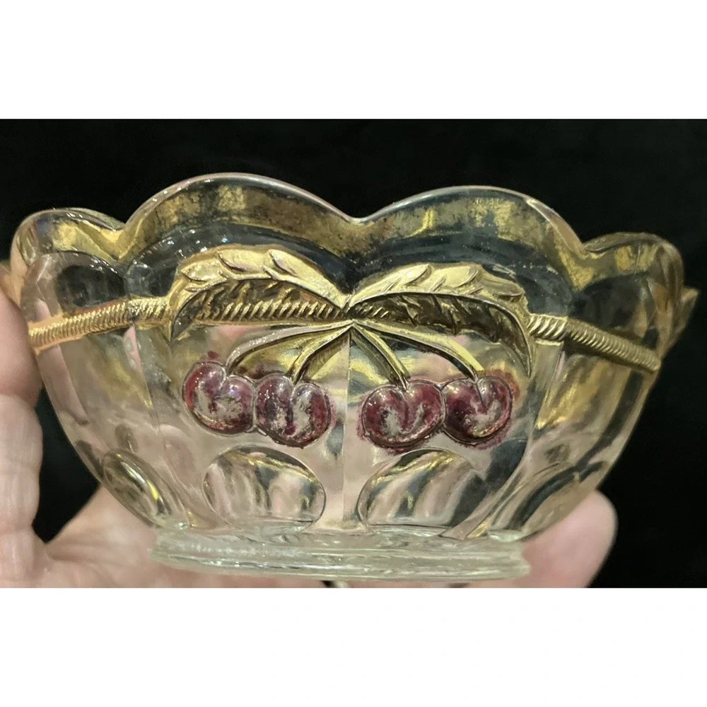 Vintage Mosser Northwood Glass Cherry & Cable Thumbprint 24K Gold Candy Dish